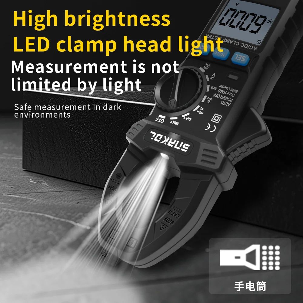 SNAKOL Intelligent Clamp Meter 600A AC/DC Current/RMS 35mm Large Diameter Clamp Head Backlight + Flashlight Dual Illumination