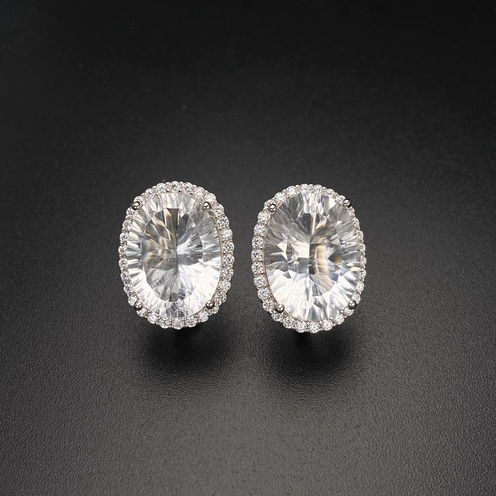 Trendy Natural White Crystal Earring 925 Silver Cancave Cut Gemstone 12*26mm for Women Party Birthday Christmas Jewelry Gift