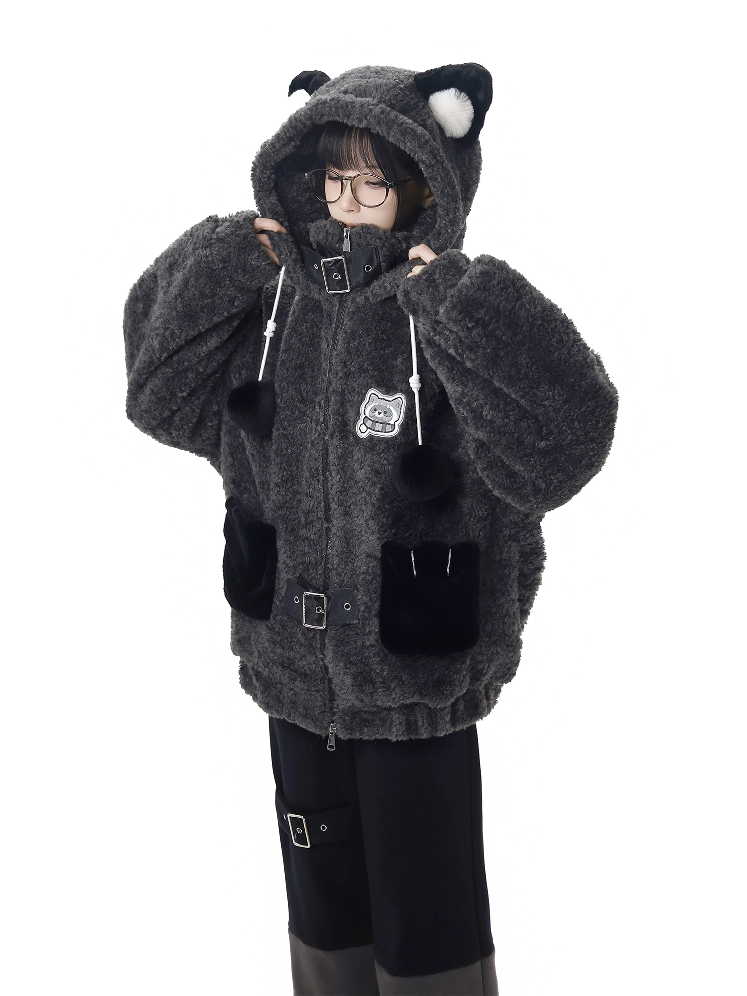 Original Design Student Süße Kühle Pelz Plüsch Jacke Winter Neue Mädchen Lose Dünne Mit Kapuze Plüsch Mäntel Hosen Top Beinlinge Set