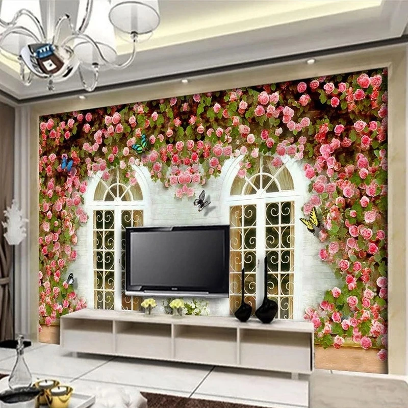 Customized Mural Creative Flowers Window Wall Wallpaper Butterfly Living room TV background wall bedroom restaurant wall fabric