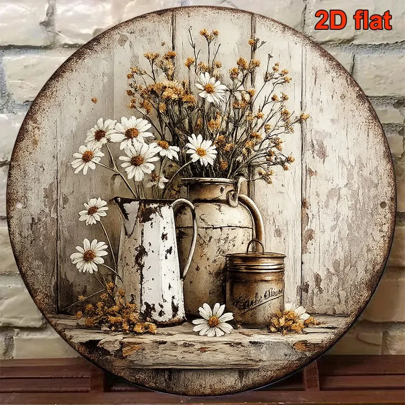2D Flat - 1pc 8*8In/20X20Cm 2D Flat Round Sign, Vintage Plaque about Daisy Bouquet, Country Farmhouse Style Decorative Sign, Sui