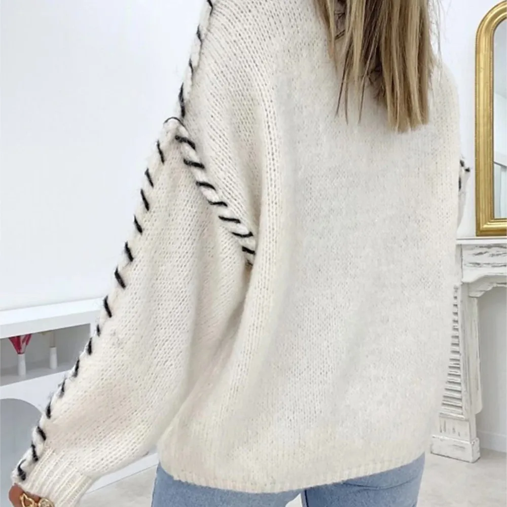 Women's Clothing Pulls Femmes Loose Knitted Contrast Color Round Neck Pullover Top Sweater All-match Loose Simple Style Trendy 4