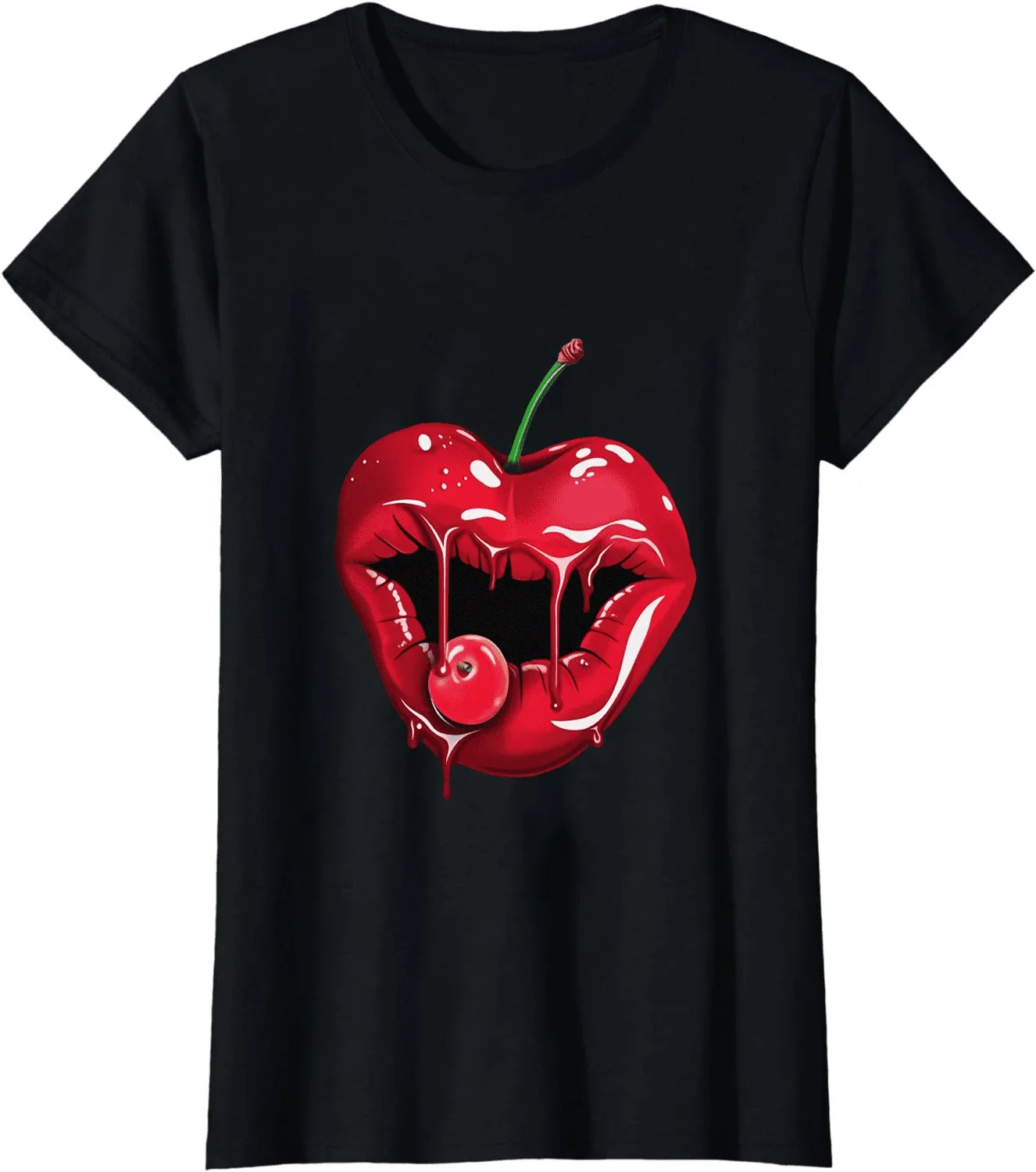 Camiseta de labios rojos, lápiz labial de cerezas, labios rojos, gráficos negros, Camiseta larga o