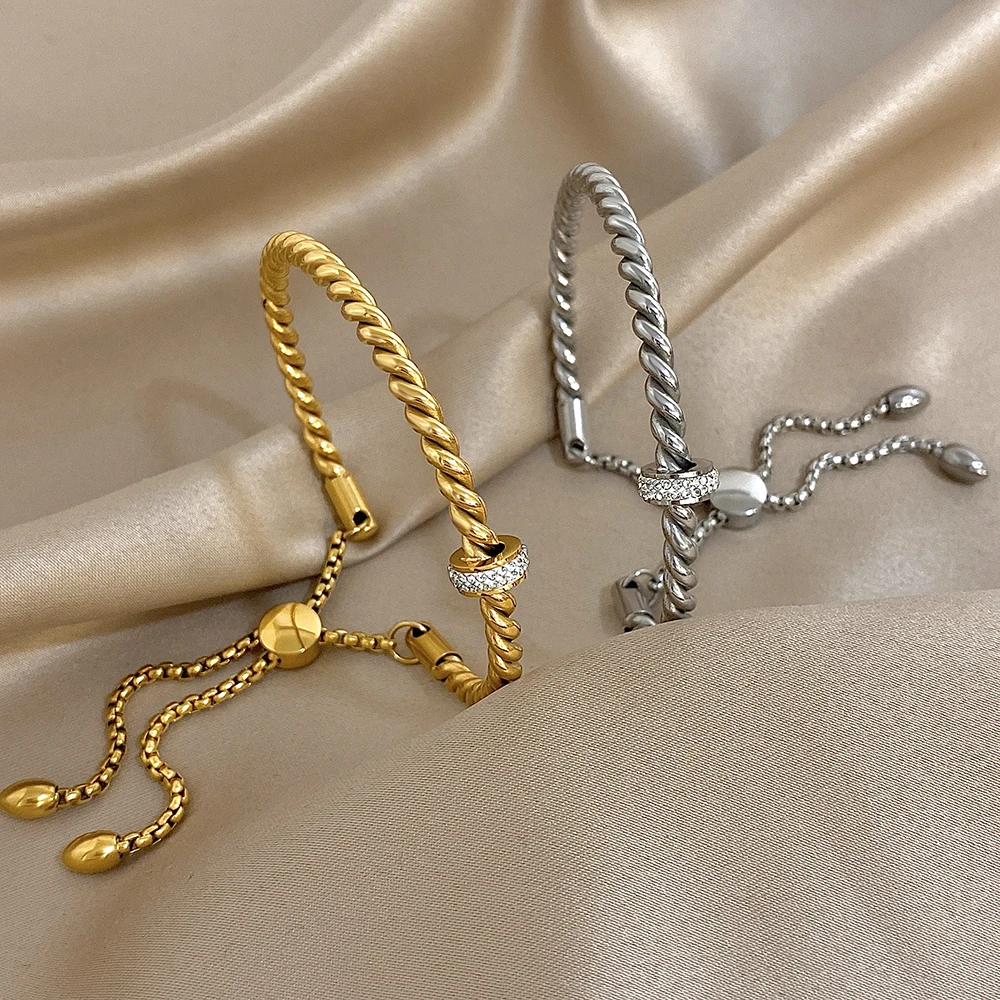 

DODOHAO New Fashion Adjustable Stainless Steel Bracelet Women Retro Gold Color Round Zircon Bangle Bracelet Waterproof Jewelry