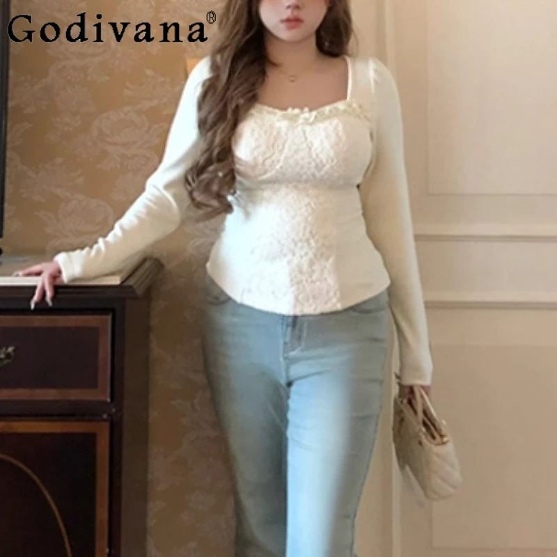 

Autumn Winter Fashion Versatile Slim Lace Elegant Square Neck Knitted Tops Girl Age Reduction Long Sleeve Korean Bottoming Shirt