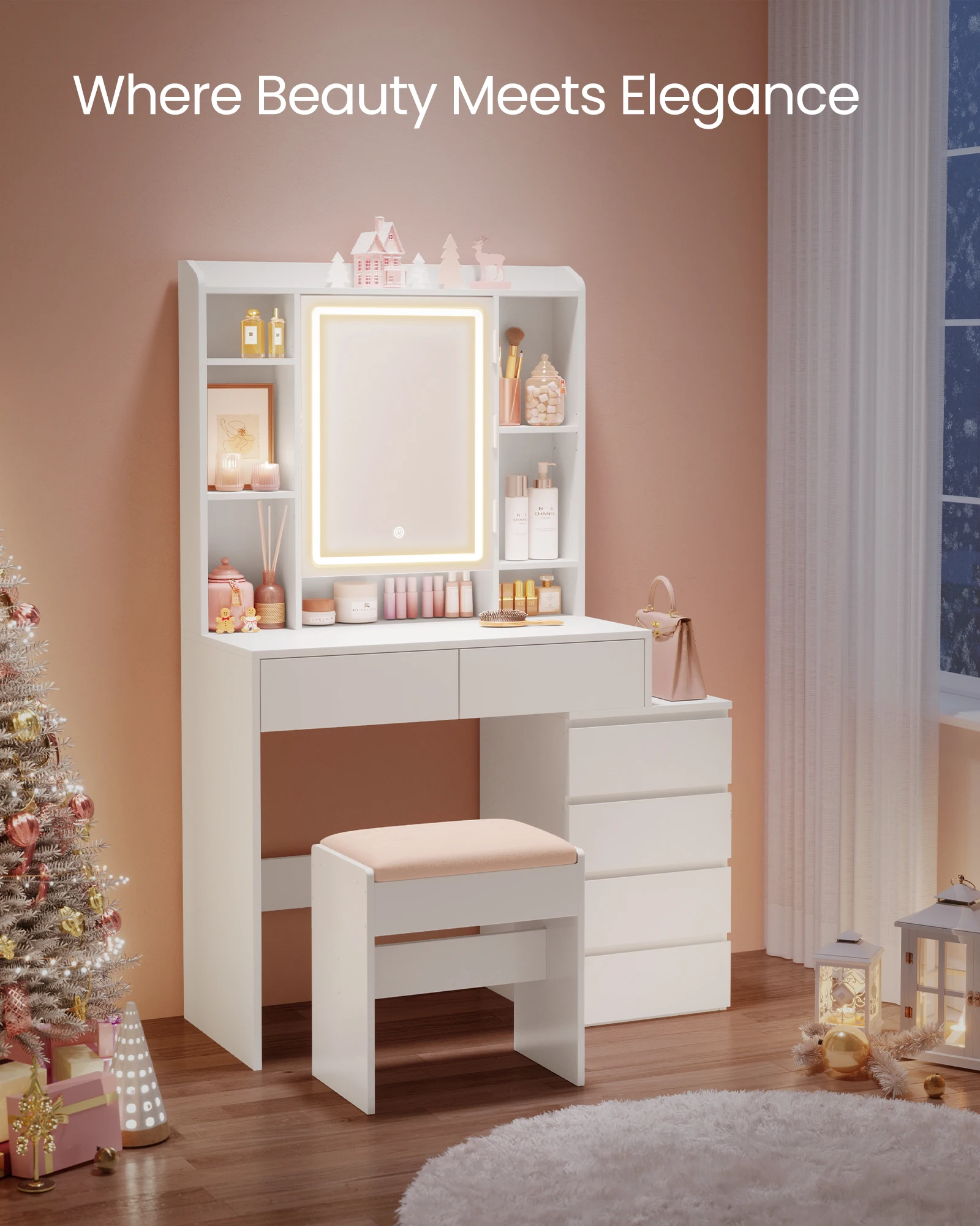 VASAGLE Dressing Table with LED Lights, Adjustable Brightness, 40 x 97.5 x 145 cm, Modern Makeup Desk, Vanity Table with Mirror