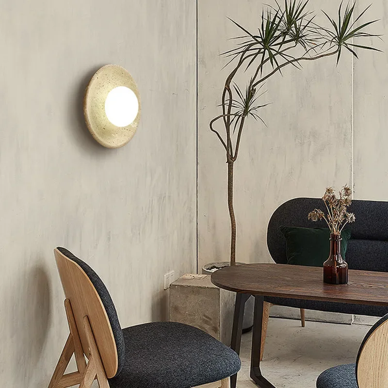 

SANDYHA LED Wall Lamp Japanese Style Circular Yellow Cave Stone Glass Ball Lampshade for Living Room Bedroom Decoration