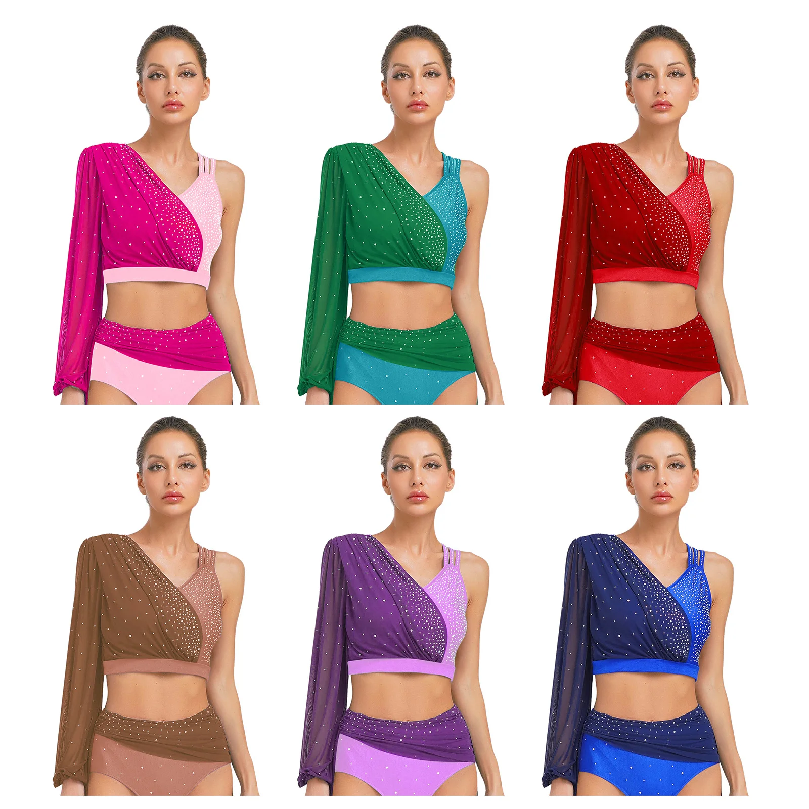 Womens Lyrical Dance Crop Top Long Sleeve Ballet Top Sparkly Rhinestone Contrast Color Modern Contemporary Ice Skating Dancewear