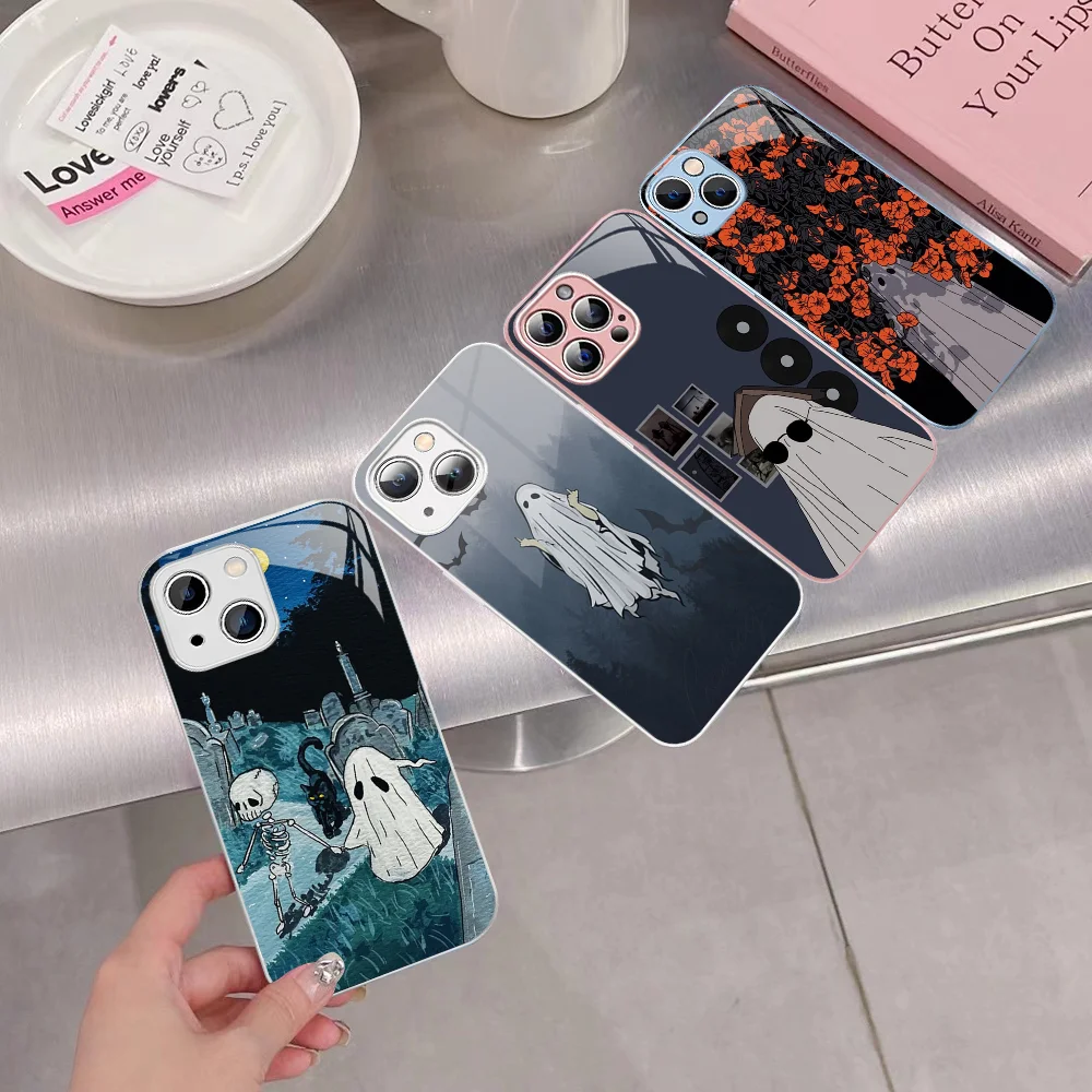 

Cartoon Spooky Ghost Phone Case Tempered Glass For Iphone 14 13 12 11 Pro Mini XS MAX 14Plus X XS XR Cover