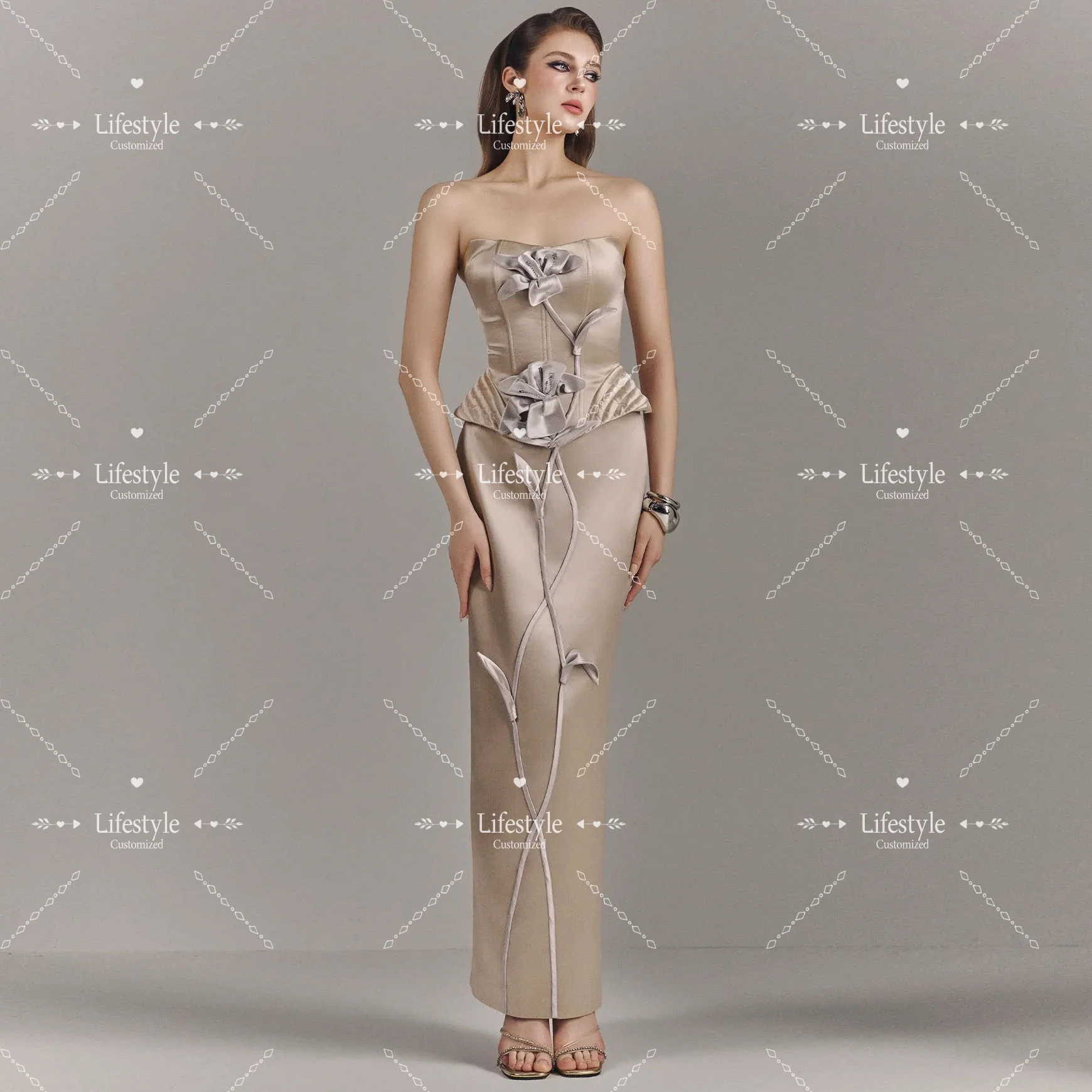 

Customized Sleeveless Formal Evening Dress Strapless Satin Prom Gown 3D Floral Vine Appliqués Elegant Party Dress Lace-up