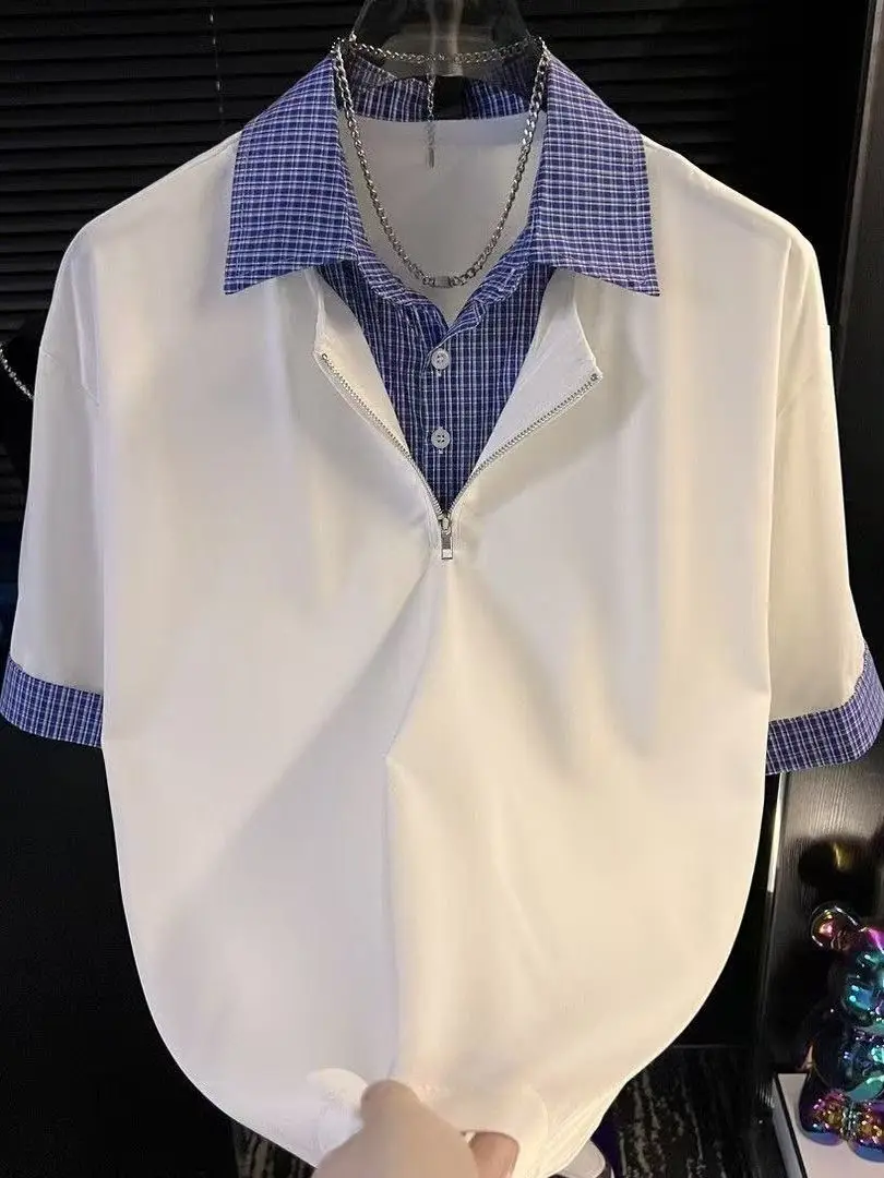 

Мужская футболка из ледяного шелка с V-образным вырезом, имитация двухслойного кроя, приталенная, летняя, новая, молодежная, модная