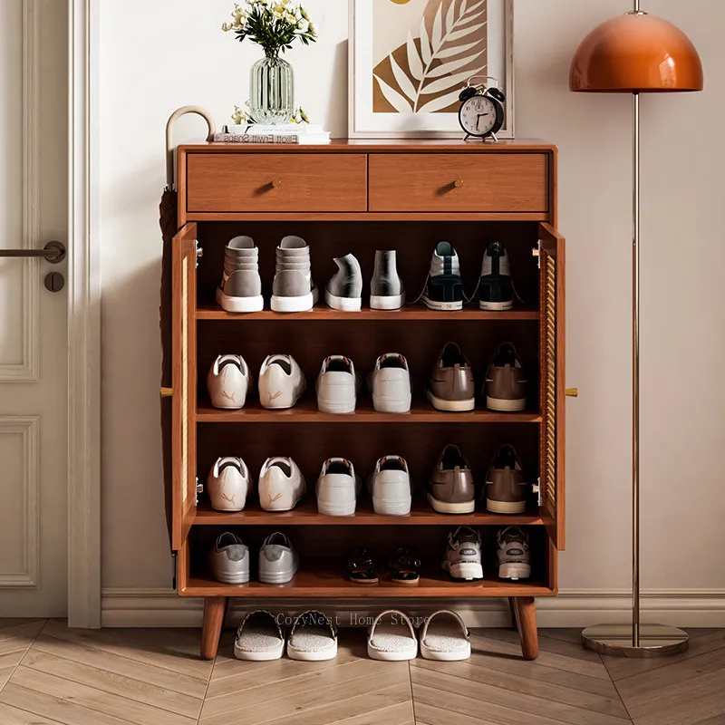 For Solid Wood Rattan Shoe Cabinet Large Capacity Modern Entryway Organizer with Doors