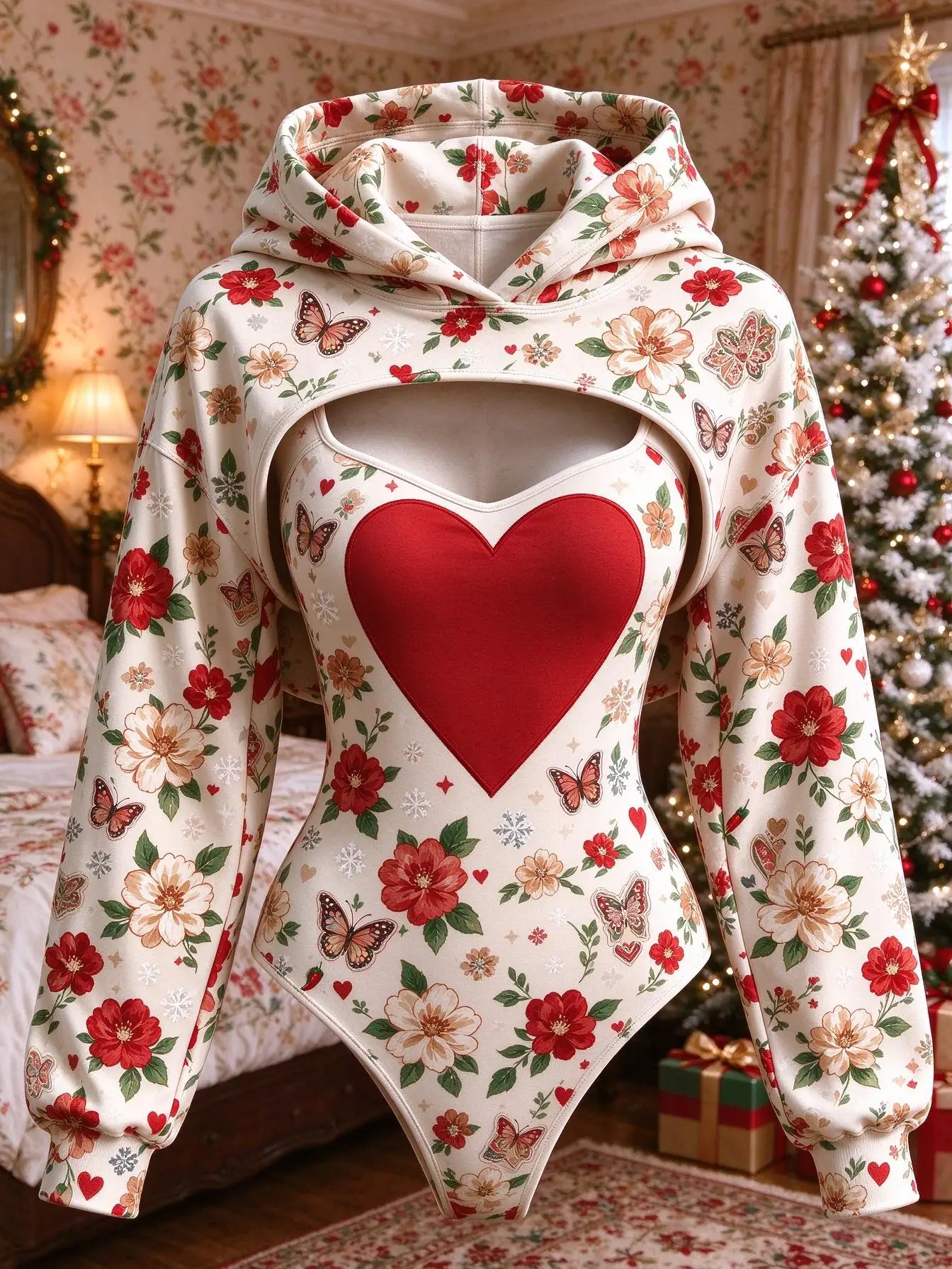 Women Christmas Floral Butterfly Heart Print 2 Piece Outfit Hooded Shrug Bodysuit Long Sleeve