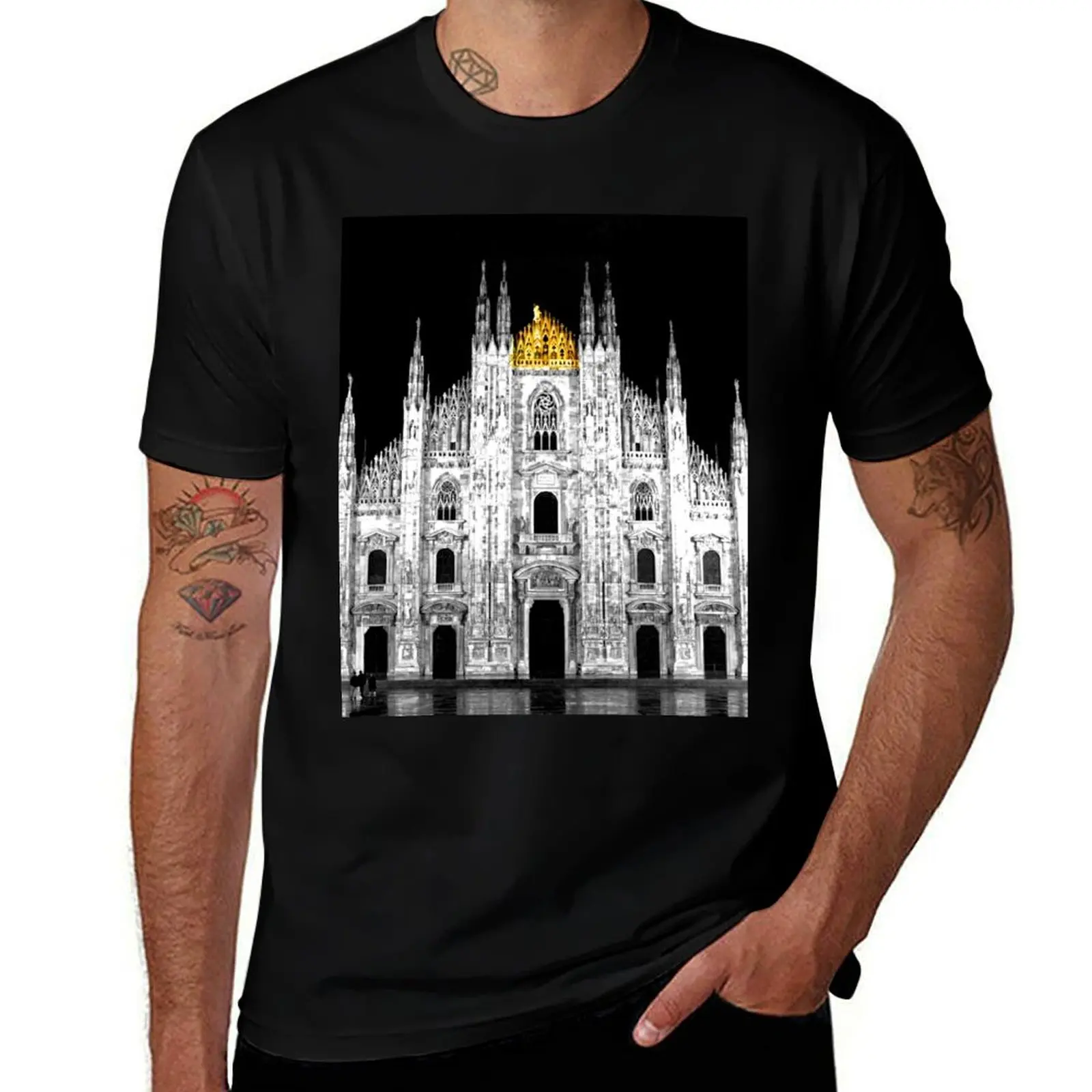 Milan Duomo Italy Black/White and gold T-Shirt summer 2025 vintage clothes boys animal print men t shirts high quality