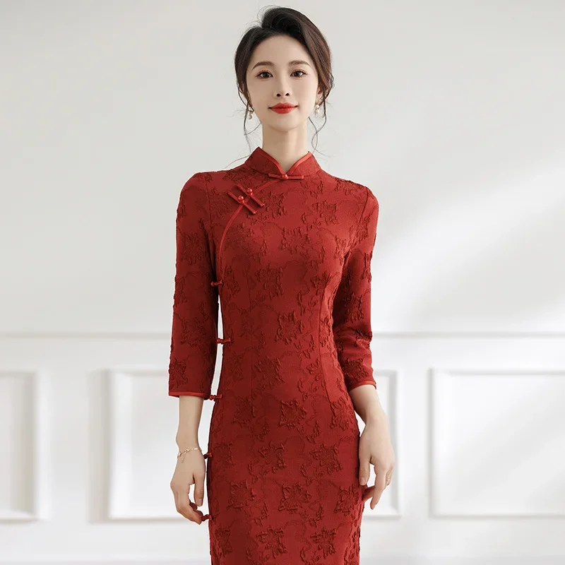 

Red Long Cheongsam Slim Dress Elegant Traditional Evening Dresses Qipao