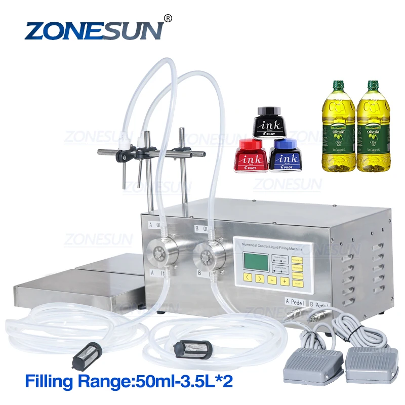 

ZS-MP232W Magnetic Pump Double Heads Liquid Juice Edible Oil Filling and Weighing Machine Semi Automatic Bottle Filling