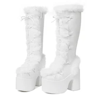 Women's Faux Fur Trim Platform Knee High Boots, Y2K Goth Lace Up Chunky Heel Tall Winter Boots, Suede Warm Cosplay Lolita Combat Snow Boots for Party Daily Wear - Image 6