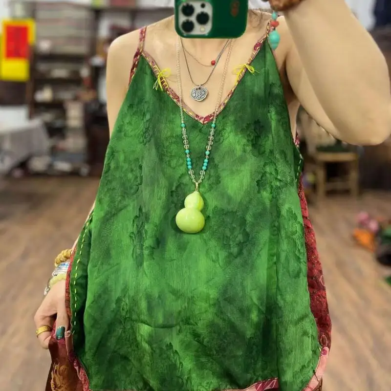 

Новая летняя женская майка в стиле арт-деко с тонкими бретелями, винтажным принтом, ручной вышивкой, V-образным вырезом, высокое качество