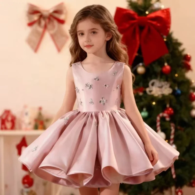 Custom Flower Girl Dress for Wedding First Christmas Party with Sleeveless Sparkling Beaded Embellishments and Flared Satin Skir