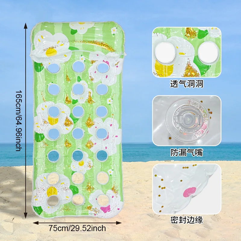 ที่นอนเป่าลมลายการ์ตูนดอกทานตะวันสำหรับฤดูร้อน  แบบหนาพิเศษ  วัสดุ PVC  รูเดียว  ประดับกลิตเตอร์  นุ่มสบาย  สำหรับพักผ่อนในสระ