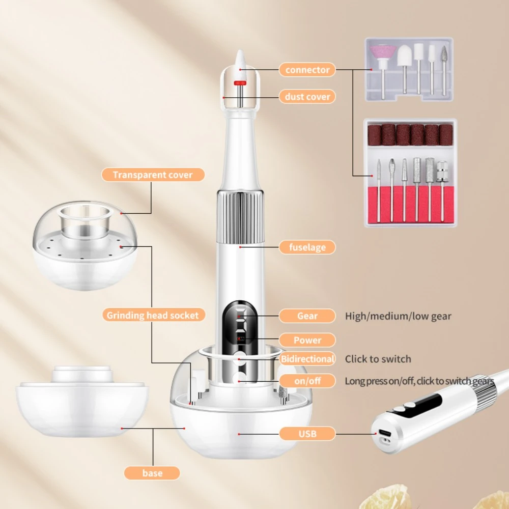 Smerigliatrice elettrica per unghie, lucidatrice per unghie, strumento per la cura delle mani e dei piedi per molatura, rifilatura, lucidatura, mini elettrico portatile