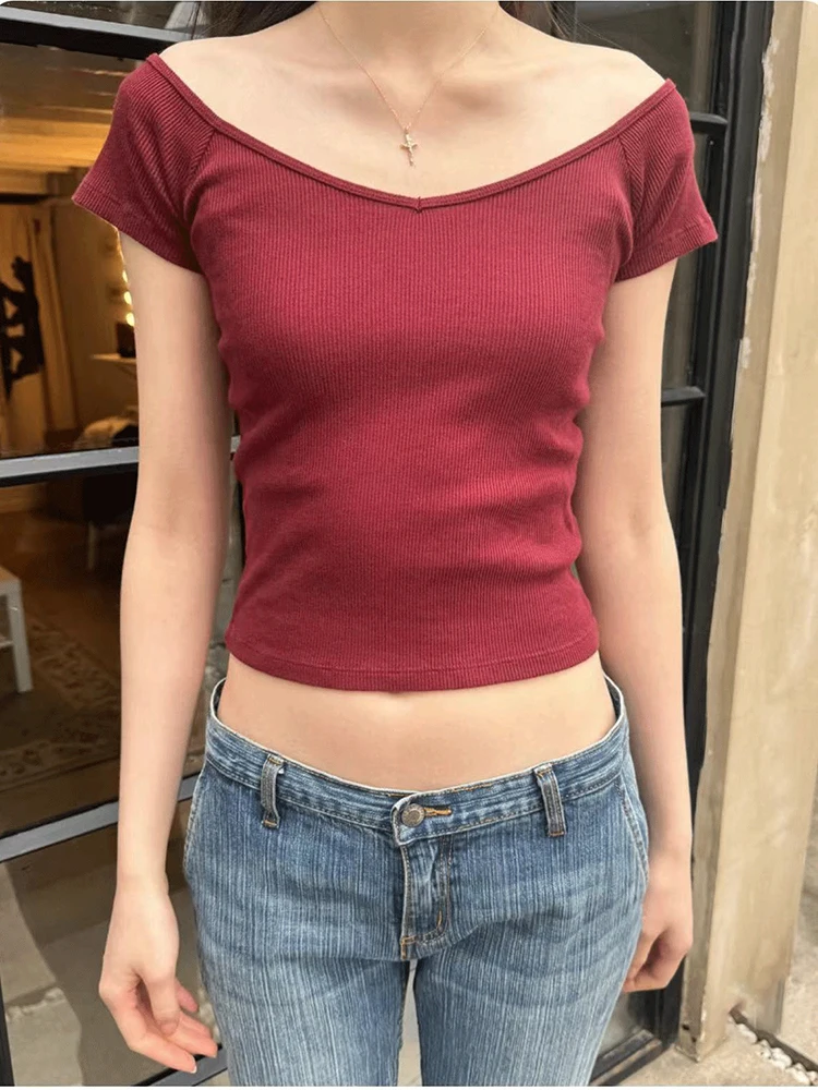 Vintage Ribbed V Neck Slim Crop Top Women Summer Black Cotton Short Sleeve T Shirt Female Solid Simple Basic Casual Tees Y2k