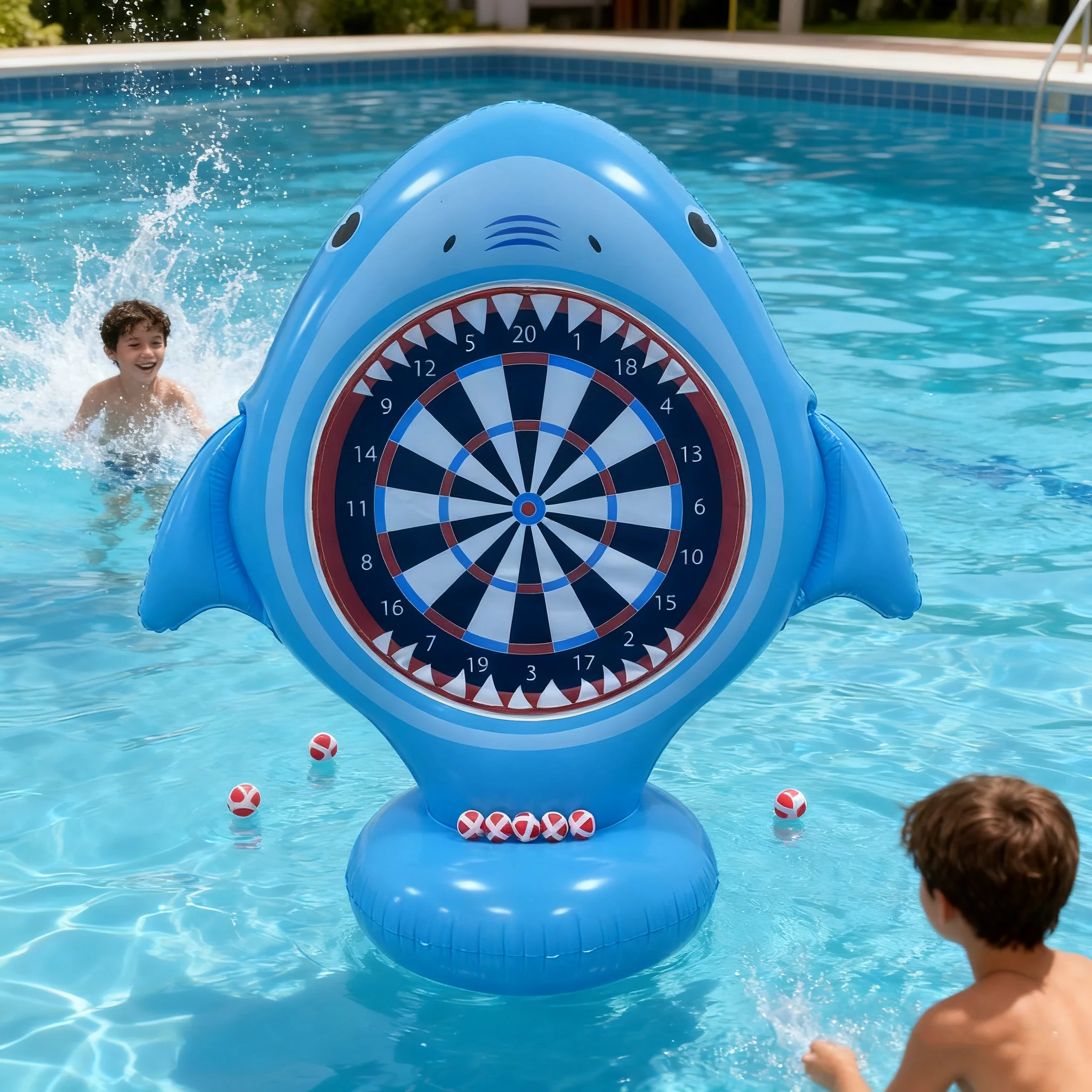 大型インフレータブルプールおもちゃ サメ型ダーツボード 粘着ボール6個付き、スイミングプールフロート、子供と大人に適したウォーターゲーム、ビーチや裏庭での家族での屋外遊び、6～12歳の男の子と女の子に適したクールなパーティーギフト