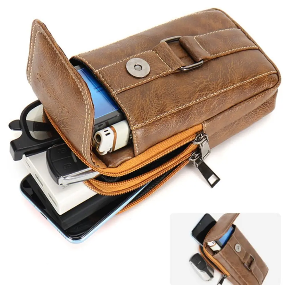 

Vintage Style PU Leather Waist Strap Bag Waterproof with Waist Hook Chest Bag Multi Layer Crossbody Bags For Men