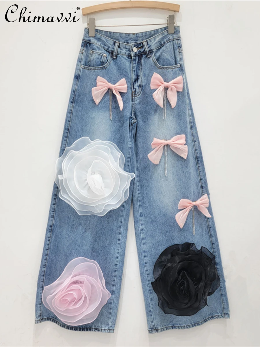 

European Fashion Bowknot Tassel Rhinestone Wide Leg Jeans Autumn New High Street Slimming Straight Casual Pants for Women