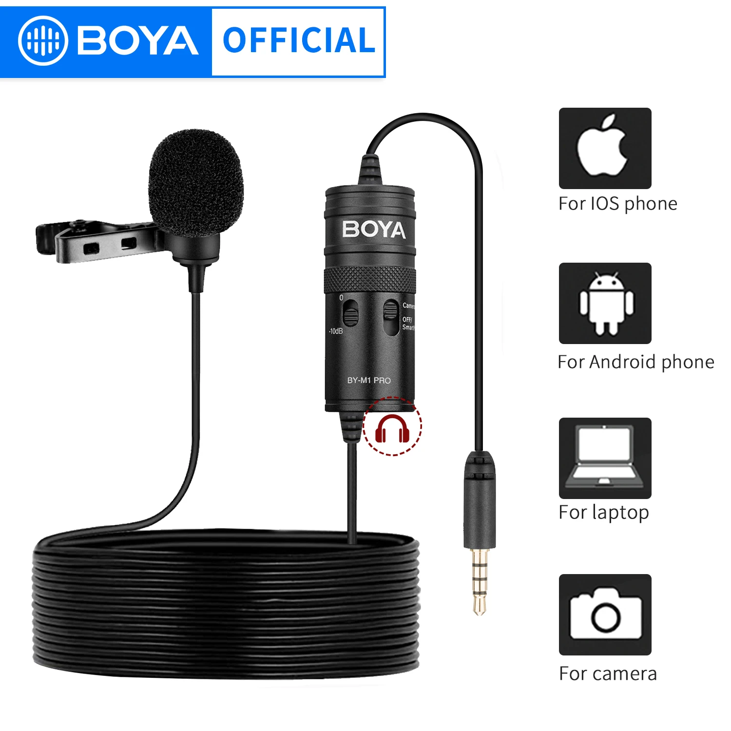 BOYA-Monitor de condensador omnidireccional portátil BY-M1 PRO, 6m, micrófono Lavalier para Canon, Podcast, Nikon, Sony, iPhone 13, Huawei