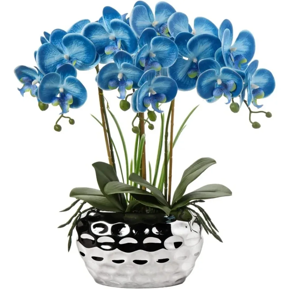 

Artificial Flowers 18 Inch Blue Phalaenopsis Large Orchid with Silver Ceramic Flower Pot Fake Orchid for Living Room Decoration