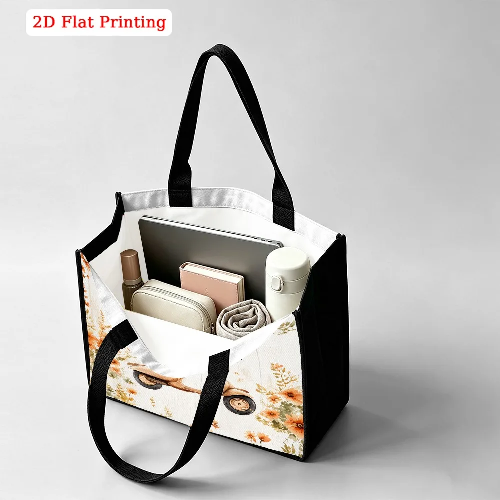 Funny Watercolor Dachshund Riding Retro Scooter Wild Orange Flower Wood Grain Print Large Tote Bag, Whimsical Aesthetic Handbag