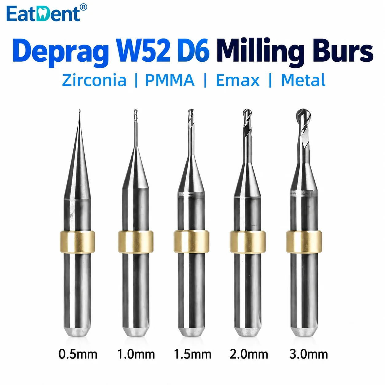 Deprag W52 Dental Milling Burs for Zirconia Metal Lithium Disilicate PMMA DC Coating D6 Length 50mm Dental Lab Grinding Drills
