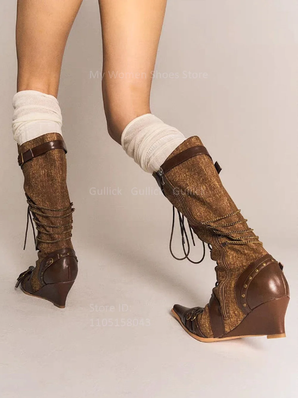 Wedges Pointy Toe Patchwork Knee High Boots Lace Up Zipper Buckle Strap Runway 2026 Winter Autumn Women Dress Shoes Handmade view 3