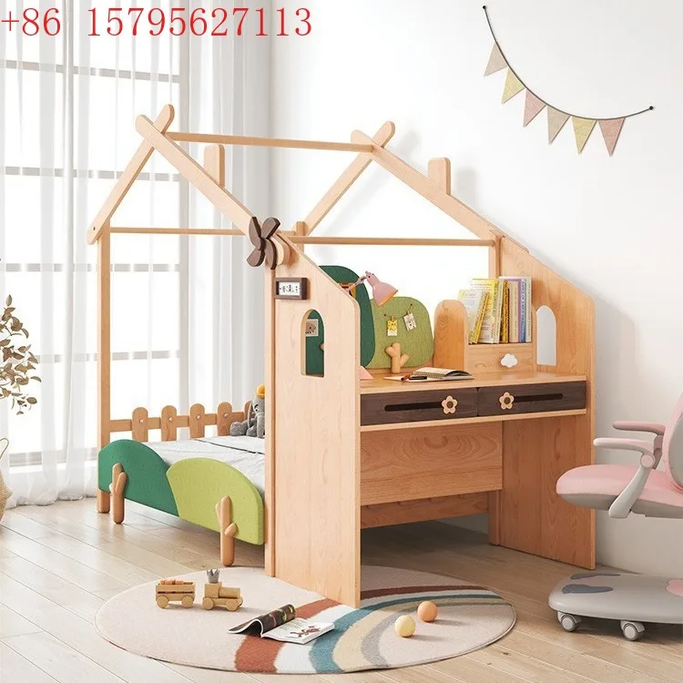 

Детская кровать, кровать для девочек, массив дерева с перилами, кровать-домик на дереве, письменный стол, встроенный выдвижной выдвижной дизайн 1,5 метра