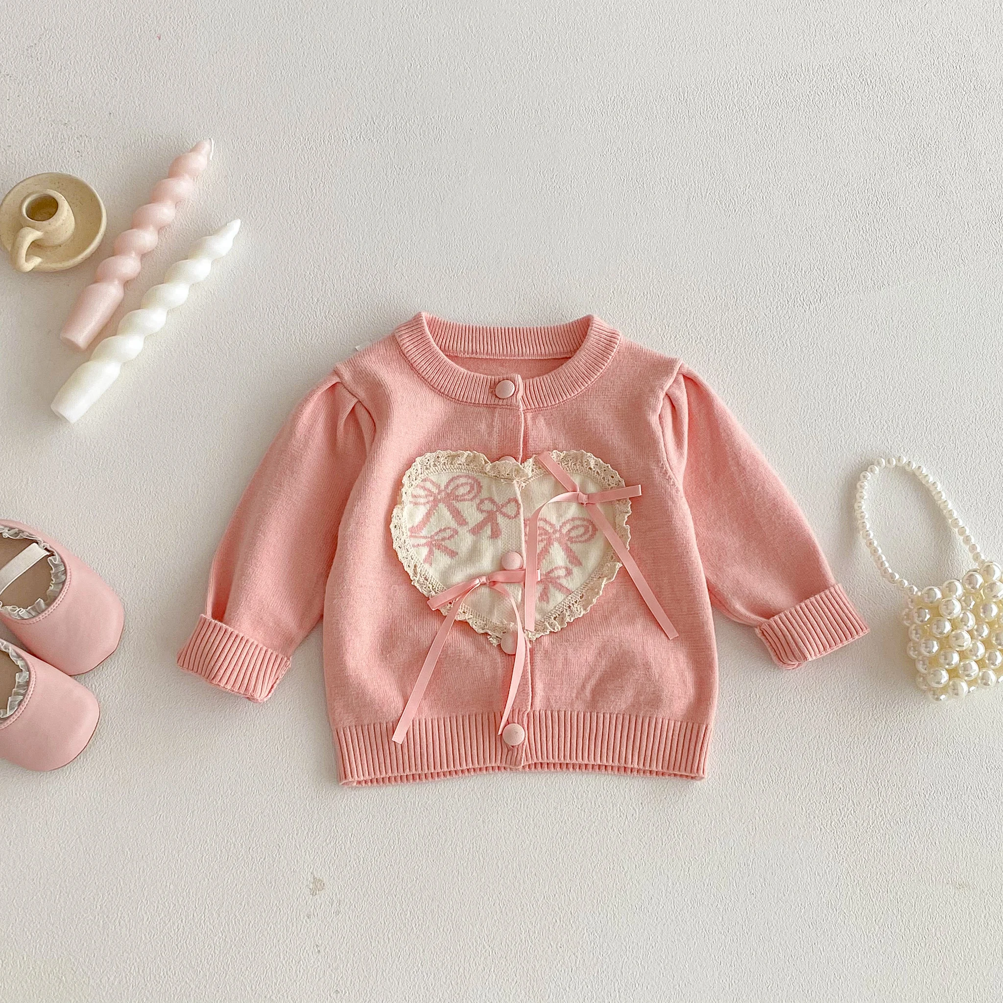 Girls' Lace Heart-Shaped Bow Knitted Cardigan baby Fall Wear Korean-Style Knitted Coat Top