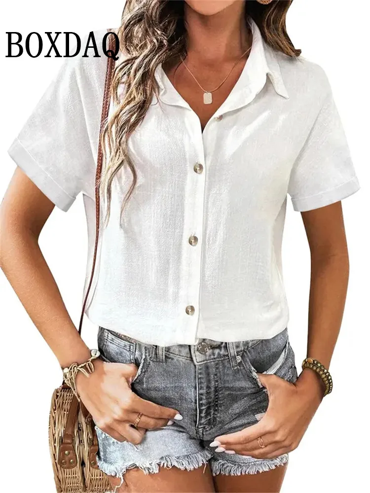 Womens Short Sleeve Shirts Solid Casual Button Down Blouse Tops Summer Casual Daily Lapel Single Breasted Female Black White Top