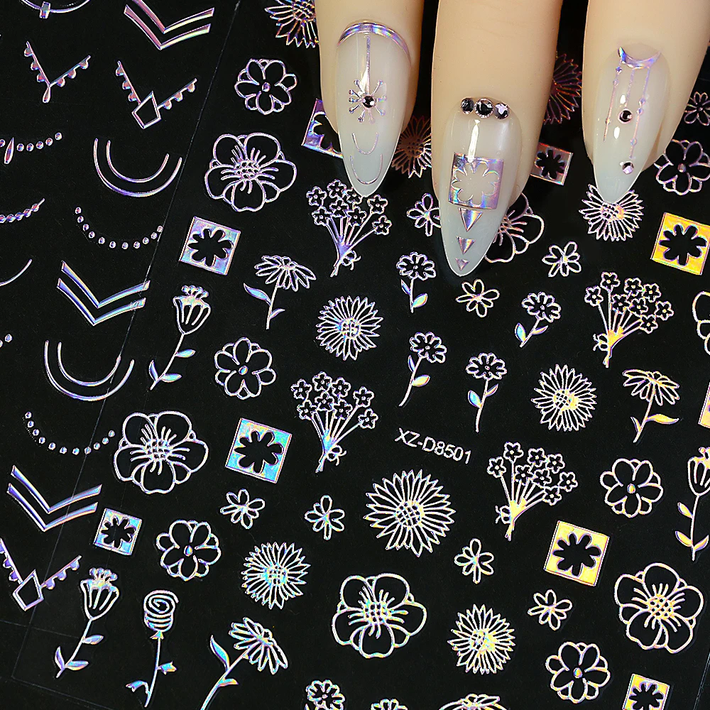 12 stuks 3D geometrie bloem blad nagelstickers roze laser zilveren lijn geometrisch geschilderd slider nail art stickers manicure decoraties