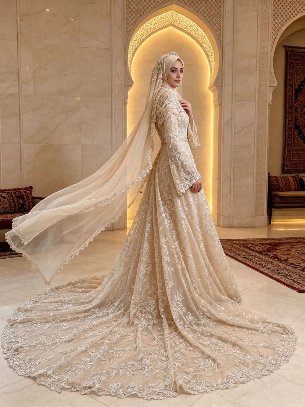 Customized Champagne Muslim Mermaid Wedding Dress 3D Floral Lace Long Flare Sleeves Side Slit Matching Hijab Garden Bridal Gown