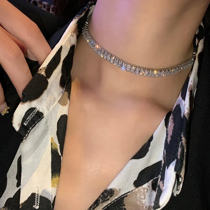 Stainless Steel Shiny Zircon Necklace for Women Simple Adjustable Rhinestones Collar Choker Necklace Fine Jewelry Gifts view 3