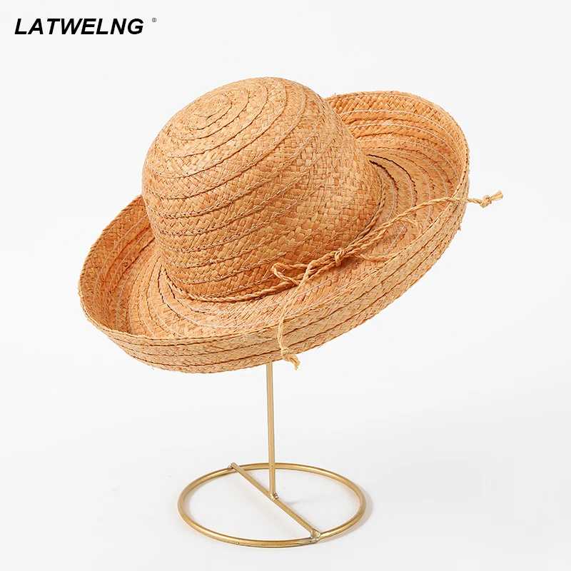 

2022 New Fashion Crimping Raffia Beach Hats For Women Luxury Designer Summer Sun Hats Elegant French Caps Foldable Wholesale