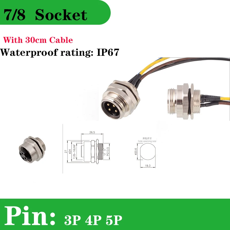 

Waterproof IP67 NEMA Marine Connector 3-4 Pin 5-Hole Socket with 30cm Cable Front And Rear Installation for Boats And Yachts