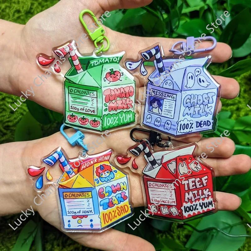 Funny Cartoon Milk Box Acrylic Keychain Kawaii Ghost Tomato Clown Teeth Drink Box Design Backpack Bag Charm Gift for Collection