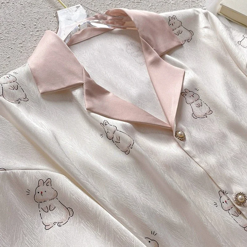 Cartoon Kawaii Cute Lucky Bunny Print Women\'s Sleepskirt French Elegant Herringbone Twill Homeskirt 2024 New Summer Shirt Skirt