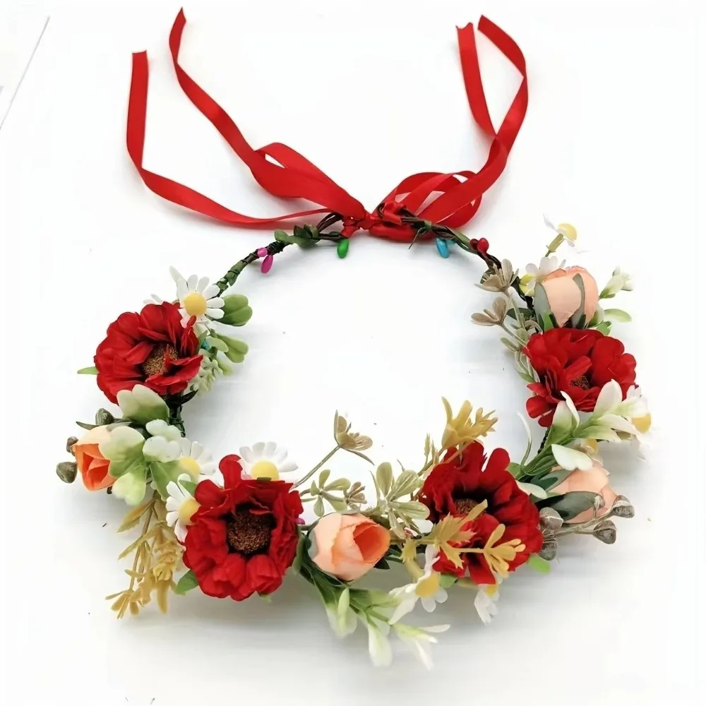 Vintage Forest Flower Wreath Flower Adjustable Ribbon Flower Leaf Headbands Plastic Hair Accessories Photoshoots Props