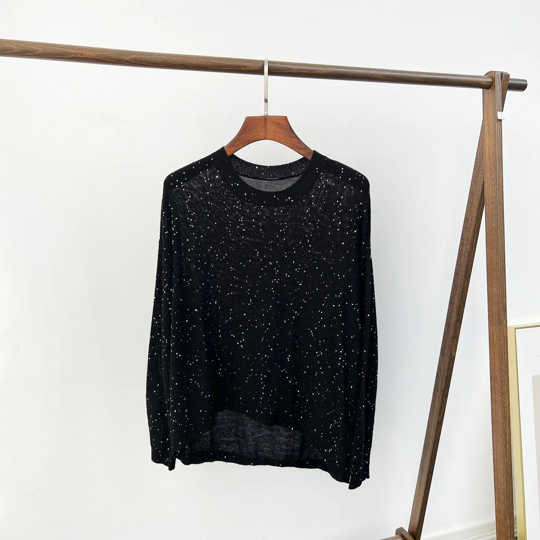 Sweater for Women 2024 New Spring Autumn 100% Wool Sequin Design O-neck Loose Casual Long Sleeve Pullover