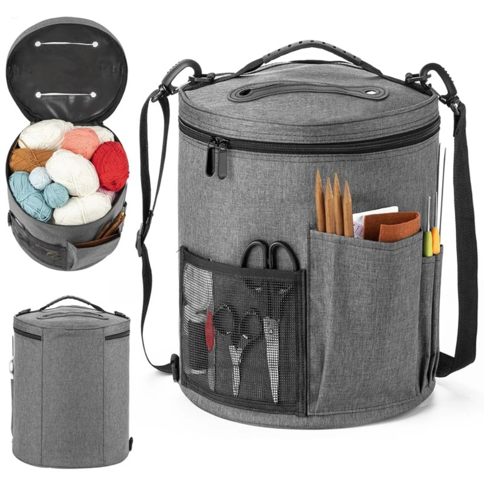 Portable Round Bucket Yarn Storage Bag Large Capacity Wool Knitting Ball Crochet Hook Organizer Bag DIY Handmade Storage Handbag
