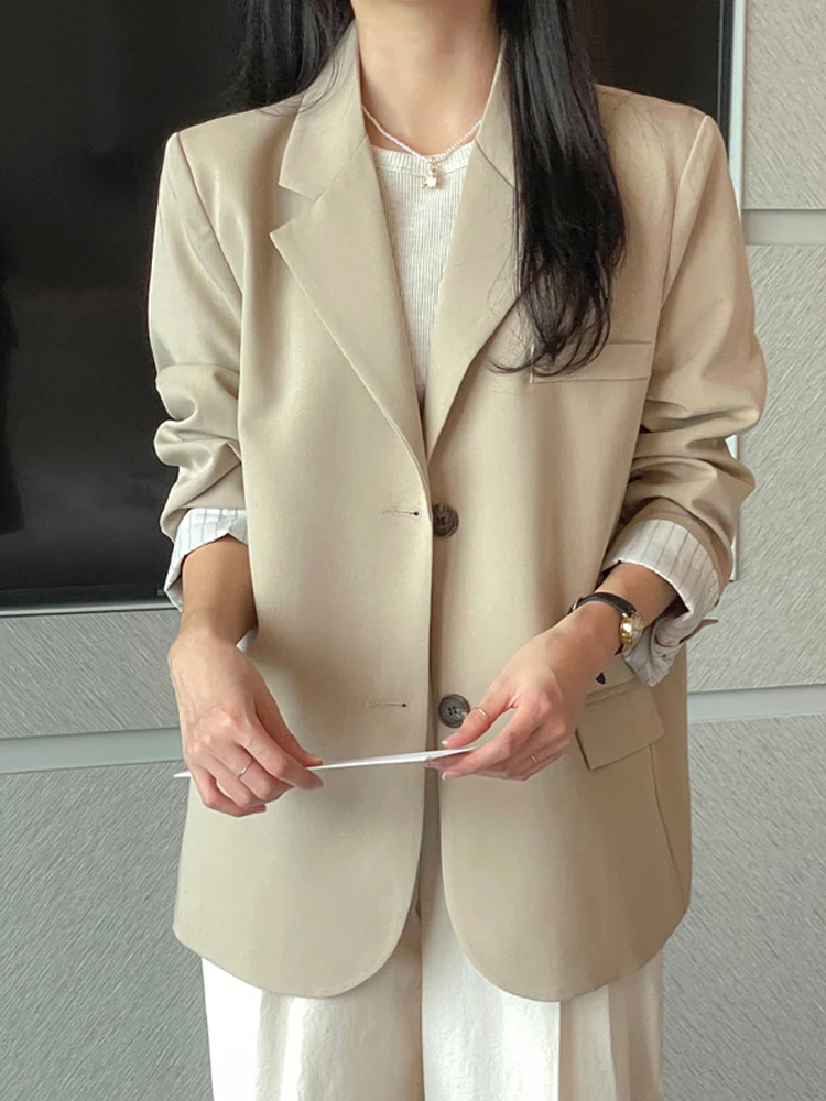 

Bla Loose Fit Women's Suit Jaet Retro Lapel Single Button Faionable Top Outerwear Commute Sle Long Sve Pure Color