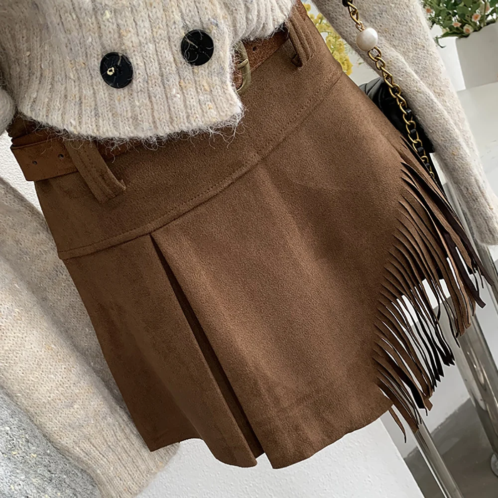 Vintage Suede Tassel Skirts Women's Autumn Winter Irregular Solid Color Split Skirt Casual Party All-Match A-Line Mini Skirts