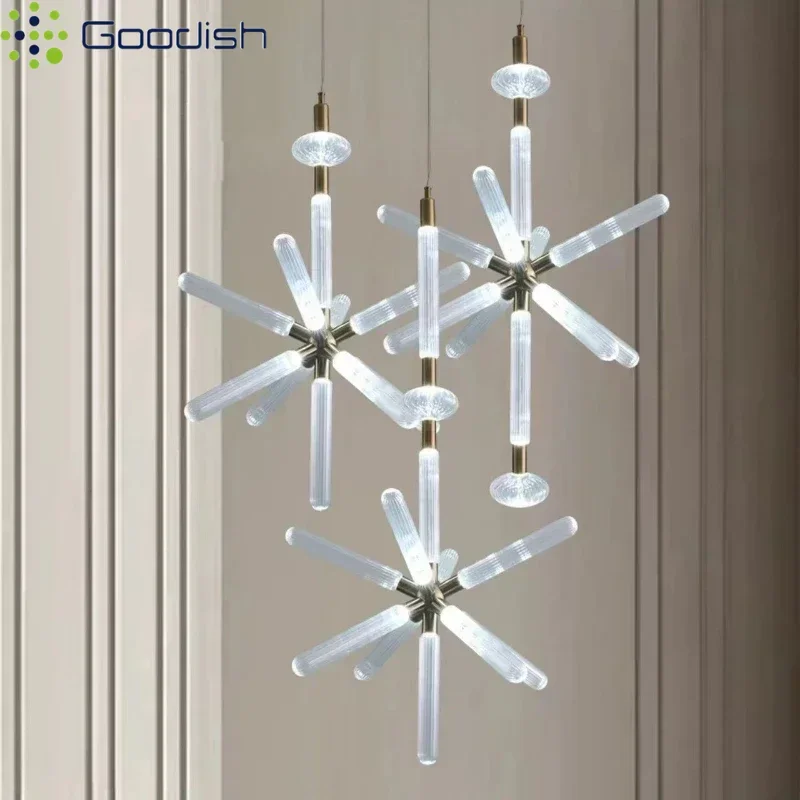 Modern Minimalist Nordic Glass Tubes Snowflake Shaped LED Pendant Lights Art Creative Lamps for Hall Home Decoration Chandelier
